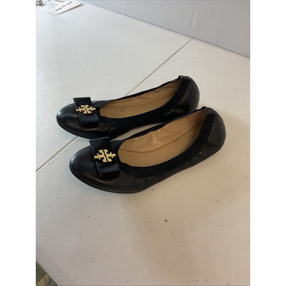 Tory Burch Sedgewick Leather Ballet Flats Gold Medallion Black Size 10 - Picture 2 of 13